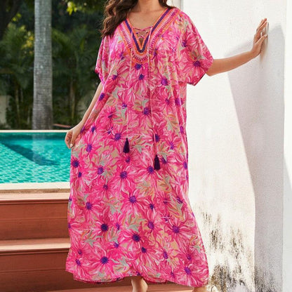 Cheky - Rayon Rose Red Embroidered Beach Dress Outer Wear