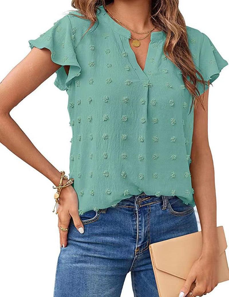 Cheky - Women Summer V Neck Ruffle Short Sleeve Blouse Dot Flowy Shirt Top