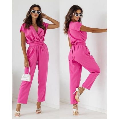 Cheky - Fashion Solid Color Slimming Short-sleeved Jumpsuit Summer Lace-up Trousers Womens Clothing