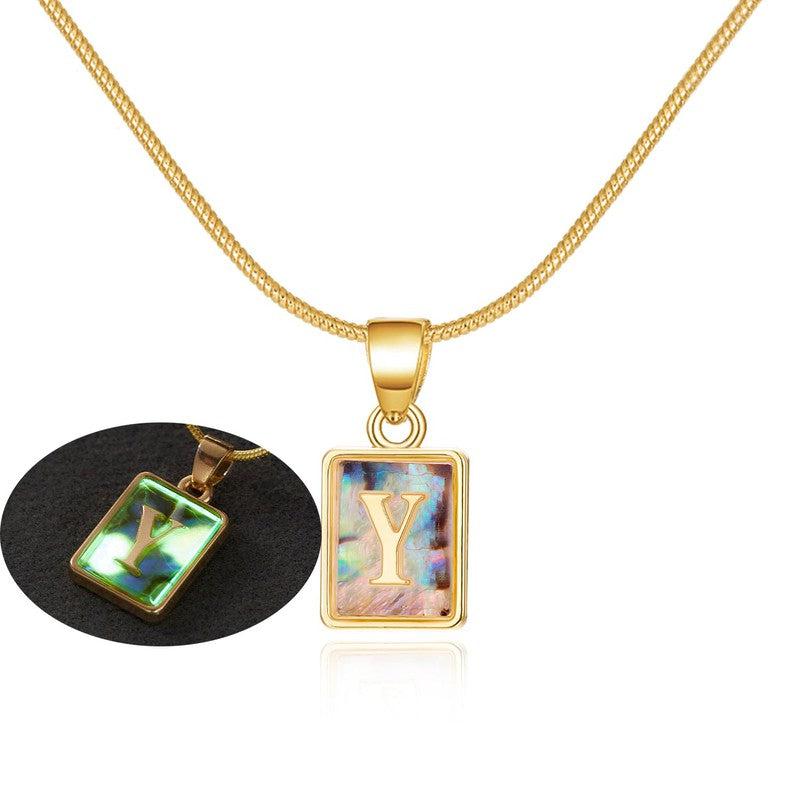 Cheky - 26 Letter Square Necklace Colorful Shell Luminous Pendant Chain Necklace For Women Temperament Ladies Jewelry