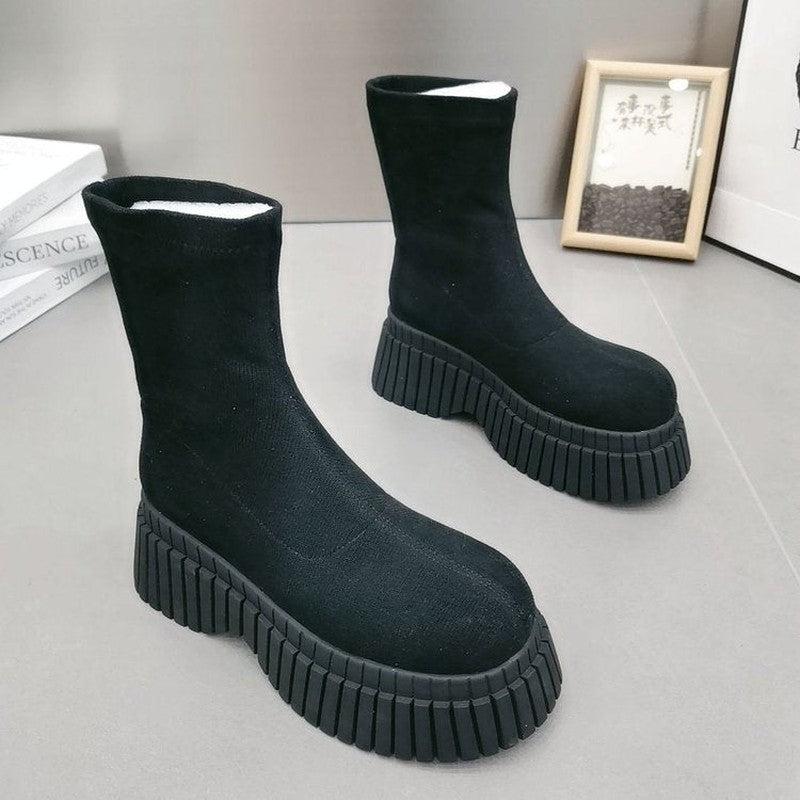 Cheky - Thick Sole Long Boots Solid Color New Fashion Trendy Fly-woven Elastic Shoes Women's Winter FootwearHigh Boots