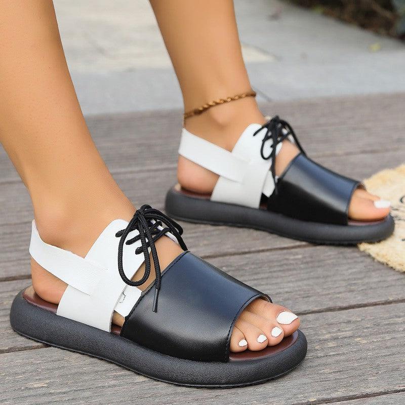 Cheky - Color-block Lace-up Roman Sandals For Women Summer New Fashion Flat Fish Mouth Beach Shoes