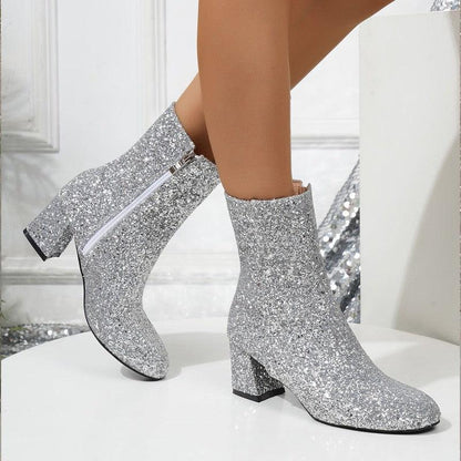 Cheky - New Fashion Sequin Boots For Women Square Heel Side Zipper Shoes Lady Street Party Evening Boots Winter Autumn Spring