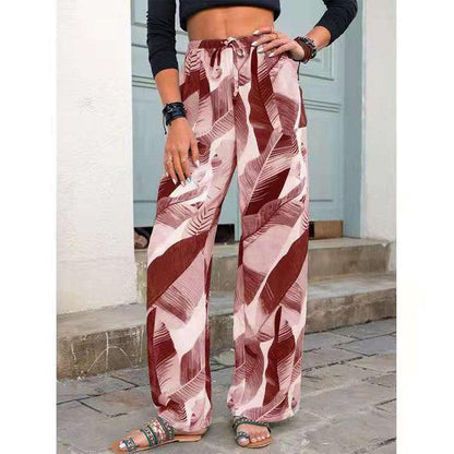 Cheky - Fashion Drawstring Leaf Print Beach Pants Summer Casual Loose Wide Leg Straight Trousers Womens Clothing