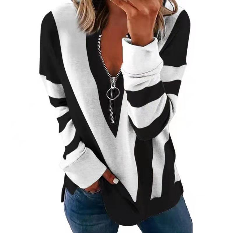 Cheky - V-neck Zipper Personalized Printing Long-sleeved Sweatshirt