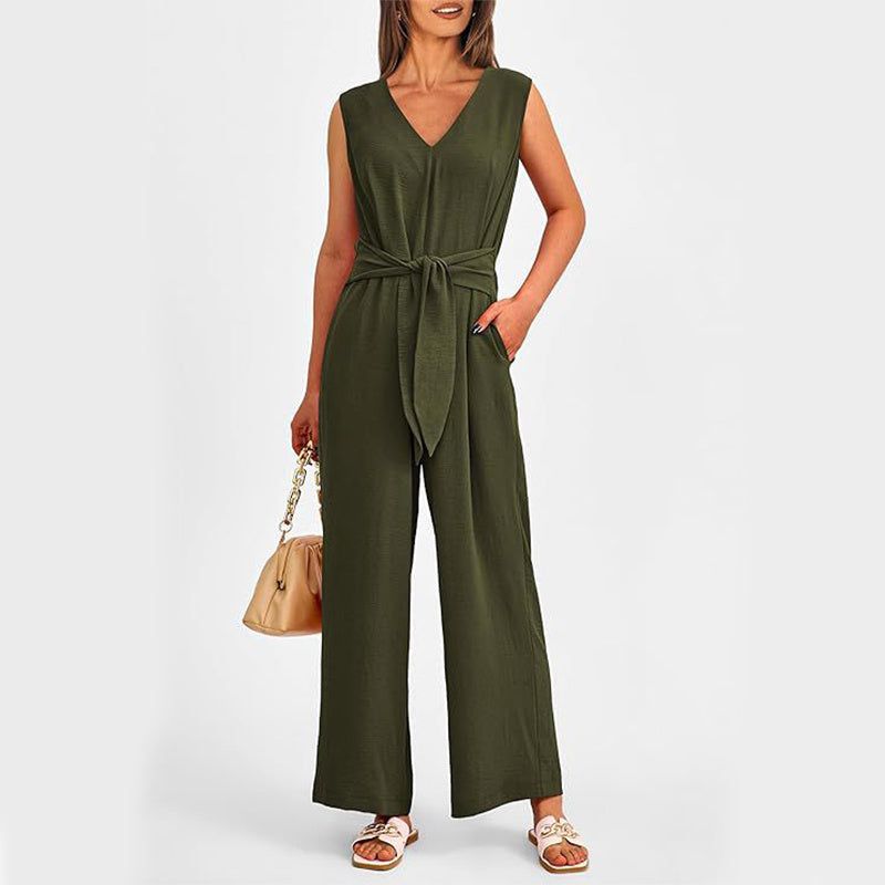 Cheky - New V-neck Sleeveless Long Jumpsuit With Pockets And Lace-up Design Wide-leg Straight Trousers Summer Womens Clothing