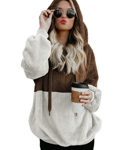 Cheky - Women Casual Plush Hoodies Zipper Patchwork Hooded Drawstring Sweatshirt Autumn Winter Lady Hooded Warm Loose Tops