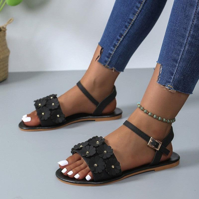 Cheky - Retro Flowers Sandals Summer Casual Versatile Round Toe Buckle Flat Beach Shoes For Women New Roman Shoes