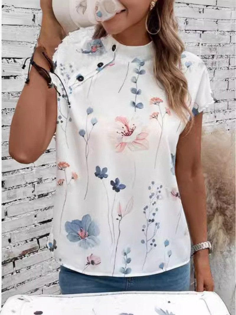 Cheky - Women's Casual Stand Collar Short-sleeved Digital Printed Top T-shirt