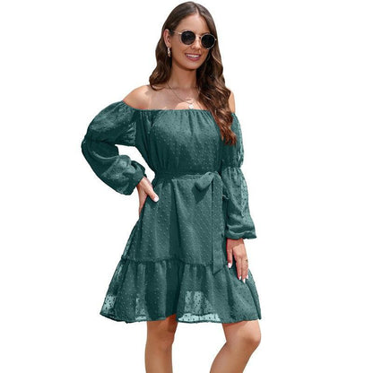 Cheky - Fashion One-shoulder Long Sleeve Dress For Women Tie Waist Off-shoulder Bubble Dot Ruffle Design Chiffon Dress