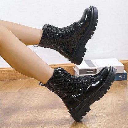 Cheky - Lace-up Thick-heeled Boots Winter Casual Round Toe Platform Ankle Boots Women Fashion Quilted Pattern Minimalist Motorcycle Shoes