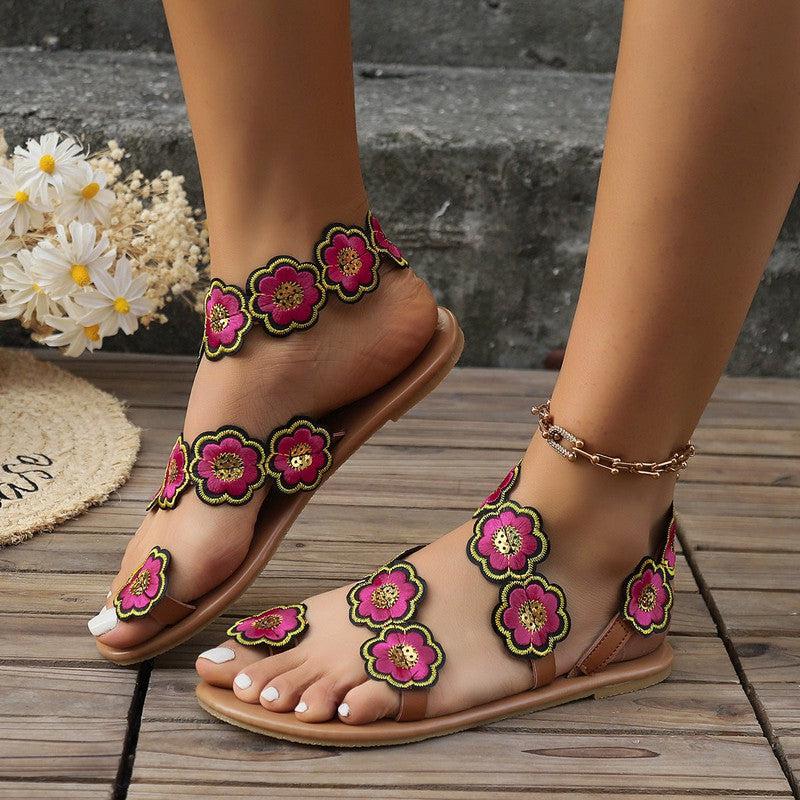 Cheky - Ethnic Style Flowers Flat Sandals Summer Vacation Casual Clip Toe Beach Shoes For Women