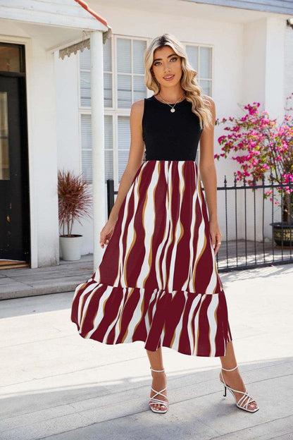 Cheky - Round Neck Sleeveless Long Dress Summer Fashion Striped Print Dresses Womens Clothing