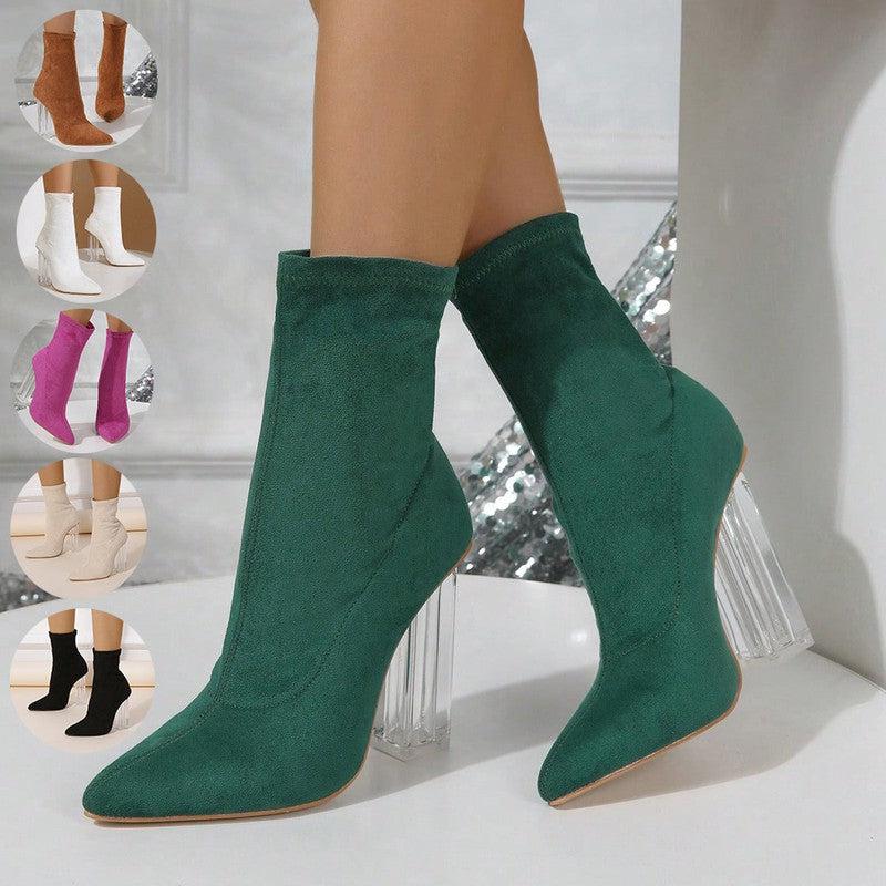 Cheky - New Crystal Heel Boots Fashion High-heeled Party Shoes For Women Elastic Mid-calf Slim-foot Boots Autumn And Winter