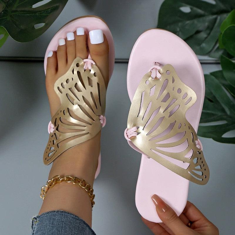 Cheky - Fashion Hollow Butterfly Flip-Flops Summer Sandals For Women Casual Beach Shoes New Low Heel Flat Slides Slippers