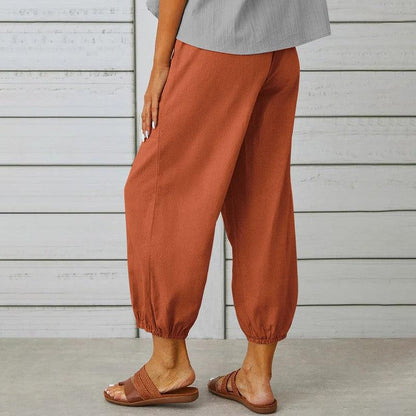 Cheky - Women Drawstring Tie Pants Spring Summer Cotton And Linen Trousers With Pockets Button