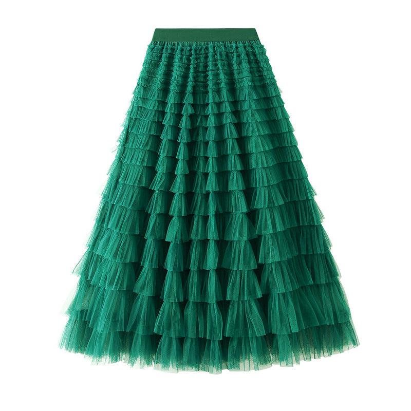 Cheky - A-Line Mesh Ruffle Skirt Women's Temperament Sweet Long Skirt Slim Cupcake Dress Womens Clothing