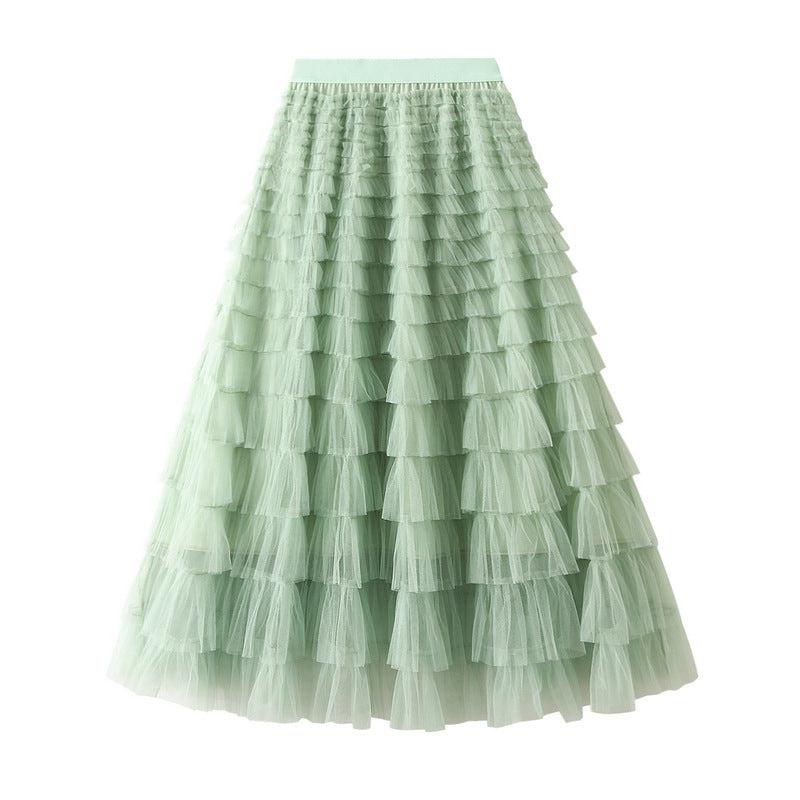 Cheky - A-Line Mesh Ruffle Skirt Women's Temperament Sweet Long Skirt Slim Cupcake Dress Womens Clothing