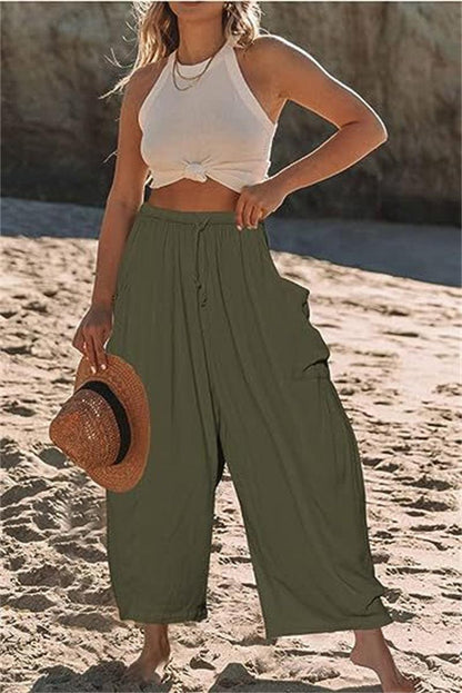 Cheky - Fashion Wide Leg Pants Summer Loose Elastic High Waist Pleated Trousers Solid Color Womens Clothing