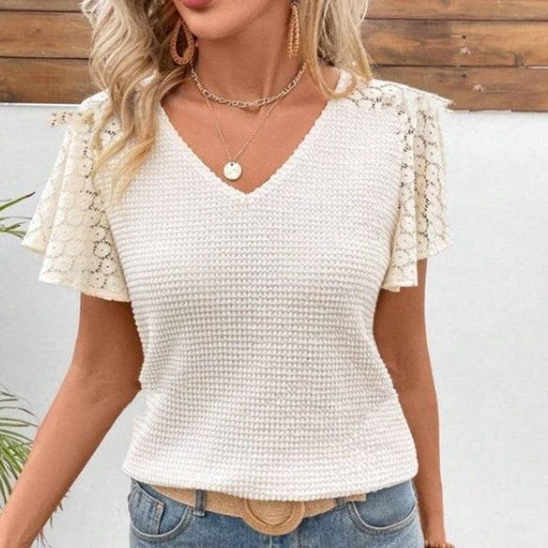 Cheky - V-neck Lace Temperament Commuter Loose Casual Knitted Short Sleeve