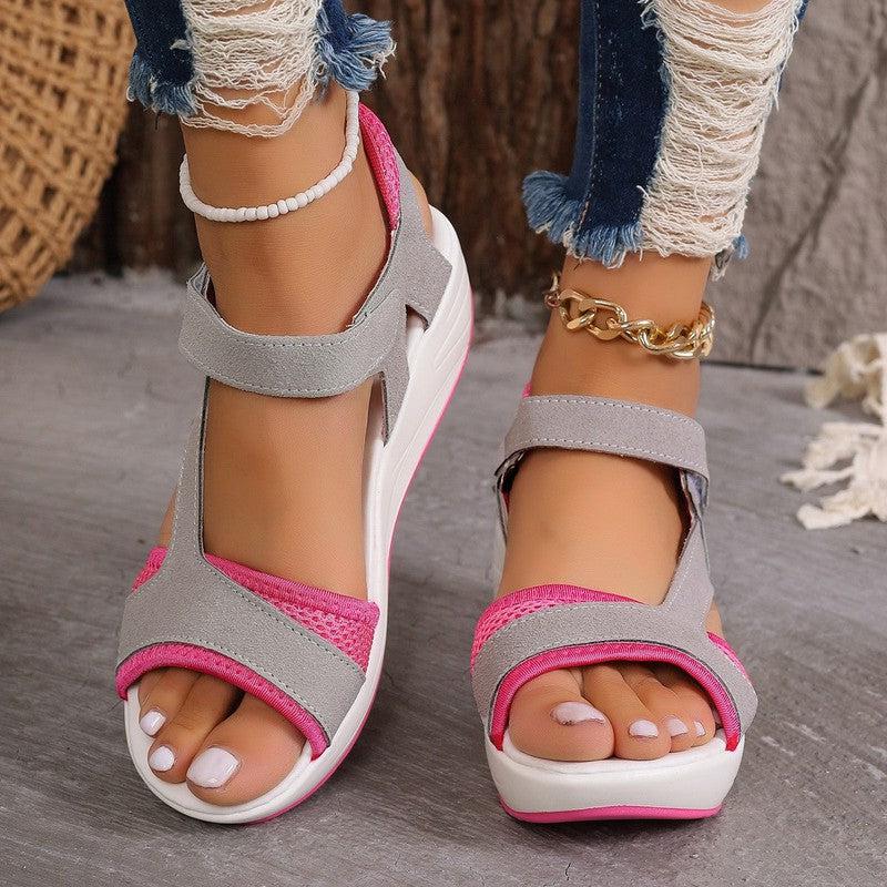 Cheky - Velcro-design Sports Sandals Summer Color-blocked Wedges Breathable Mesh Shoes Summer Fish Mouth Sandals For Women