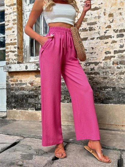 Cheky - New Casual Pants With Pockets Elastic Drawstring High Waist Loose Trousers For Women