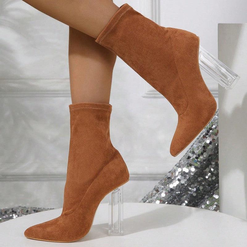 Cheky - New Crystal Heel Boots Fashion High-heeled Party Shoes For Women Elastic Mid-calf Slim-foot Boots Autumn And Winter