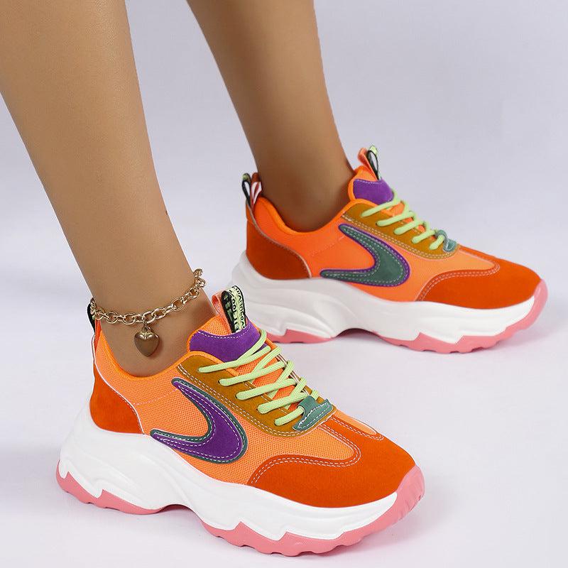 Cheky - Mixed-color Lace -up Sneakers For Women Fashion Casual Lightweight Thick Bottom Running Sports Shoes