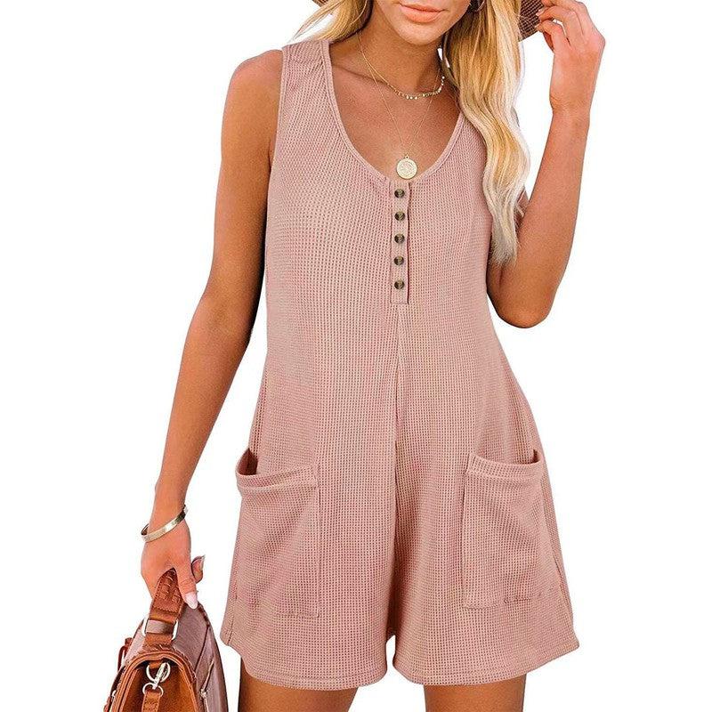 Cheky - Casual Waffle Button Jumpsuit With Pockets Fashion Summer Beach Straight Shorts Overall Pants Womens Clothing