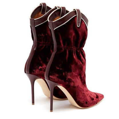 Cheky - Wine Red Velvet Pointed Toe High Heel Short Ankle