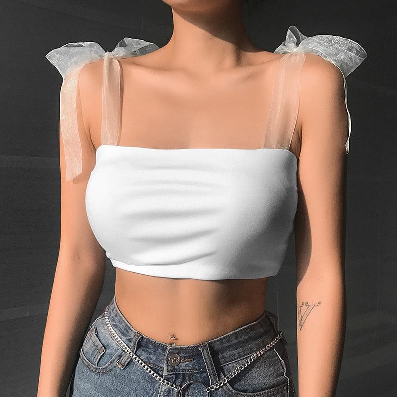 Cheky - Bandage Straps Solid White Top Ladies Summer Beach Camisole Tank Top Sleeveless Women Bralette Crop Tops