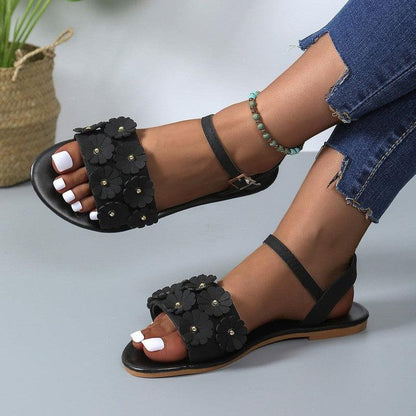 Cheky - Retro Flowers Sandals Summer Casual Versatile Round Toe Buckle Flat Beach Shoes For Women New Roman Shoes