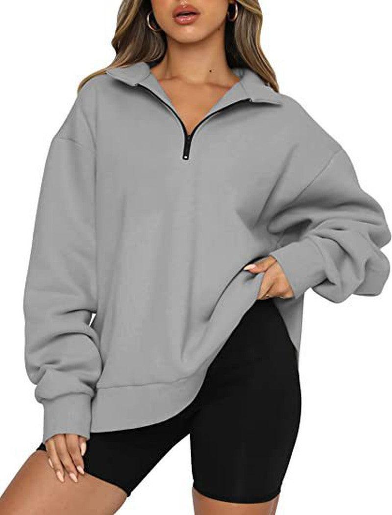 Cheky - Women Sweatshirts Zip Turndown Collar Loose Casual Tops Clothes