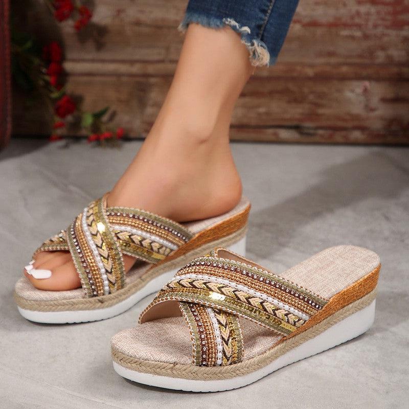 Cheky - Linen Wedge Sandals Summer Ethnic Style Cross-strap Sandals For Women Non-slip Slides Beach Shoes