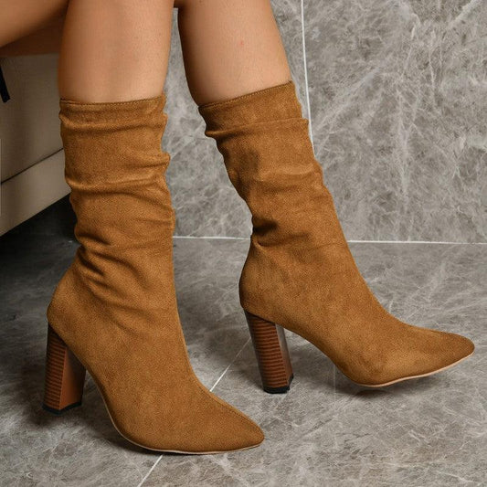 Cheky - Pointed Toe High Block Heels Boots Woman Winter Warm Mid-calf Suede Long Boots New Fashion Trendy Solid Shoes For Party Lady