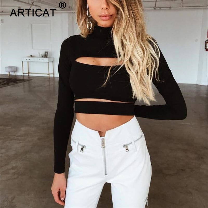 Cheky - Sexy Hollow Out T Shirt Women Fashion Turtleneck Long Sleeve Bandage Crop Top Casual Party Tshirt