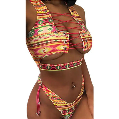 Cheky - Bikinis 2024 Swimwear Push Up Bikini Set Brasileño Long Sleeve Thong Bandage Plus Size Tankini Women Swimsuit Biquini High Waist