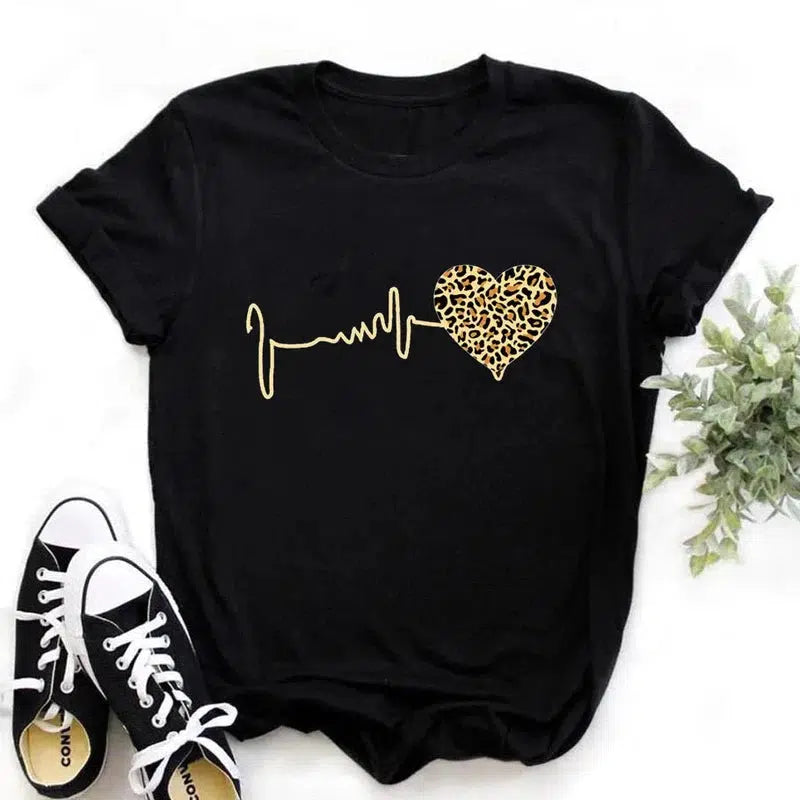 Cheky - Summer New 90 ’s Leopard Heartbeat Short Sleeve Print Clothing Women's T-Shirt Harajuku Graphic Clothing Women's Top,Drop Ship