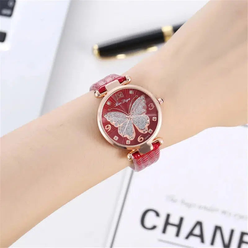 Cheky - Butterfly Diamond Dial Design Women Quartz Watches Fashion Casual Ladies Wristwatches Simple Woman Leather Clock Montre Femme