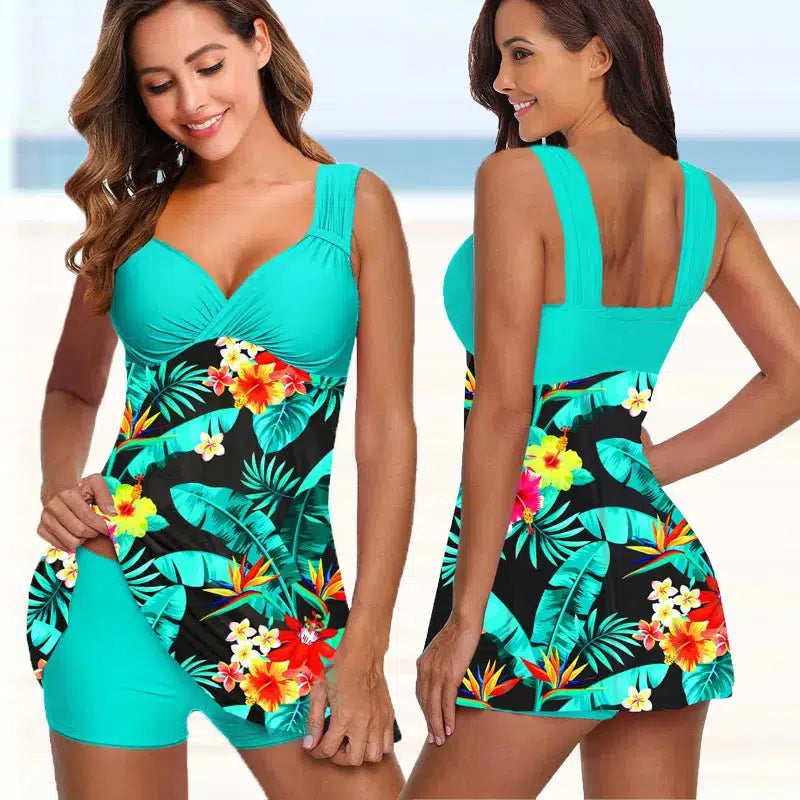 Cheky - Plus Size Two Pieces Swimsuits Swimwear Women Flower Print Summer Large Bathing Suits Tankini Beachwear Sexy Bikini Swimdress