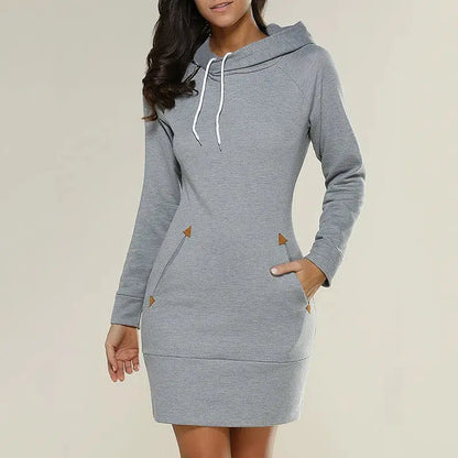 Cheky - Women‘s Knee-Length Pockets Dress Hooded Warm Sweat Shirt Long Sleeve Side Zip Neckline Simple Casual Sports Skirt