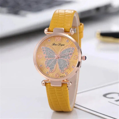 Cheky - Butterfly Diamond Dial Design Women Quartz Watches Fashion Casual Ladies Wristwatches Simple Woman Leather Clock Montre Femme