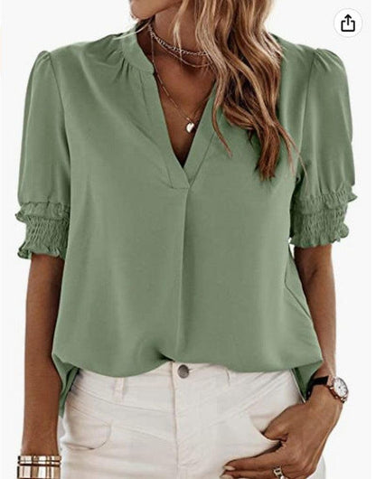 Cheky - Women's V-neck Casual Short-sleeved Solid Color Chiffon Shirt