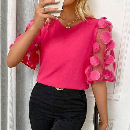 Cheky - Round Neck Hollow-out Short-sleeved Shirt Casual Top