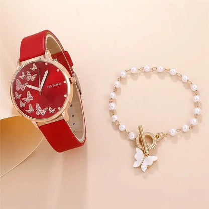 Cheky - 2pcs Set Womens Butterfly Watches Ladies Fashion Watch New Simple Casual Women Analog WristWatch Bracelet Gift