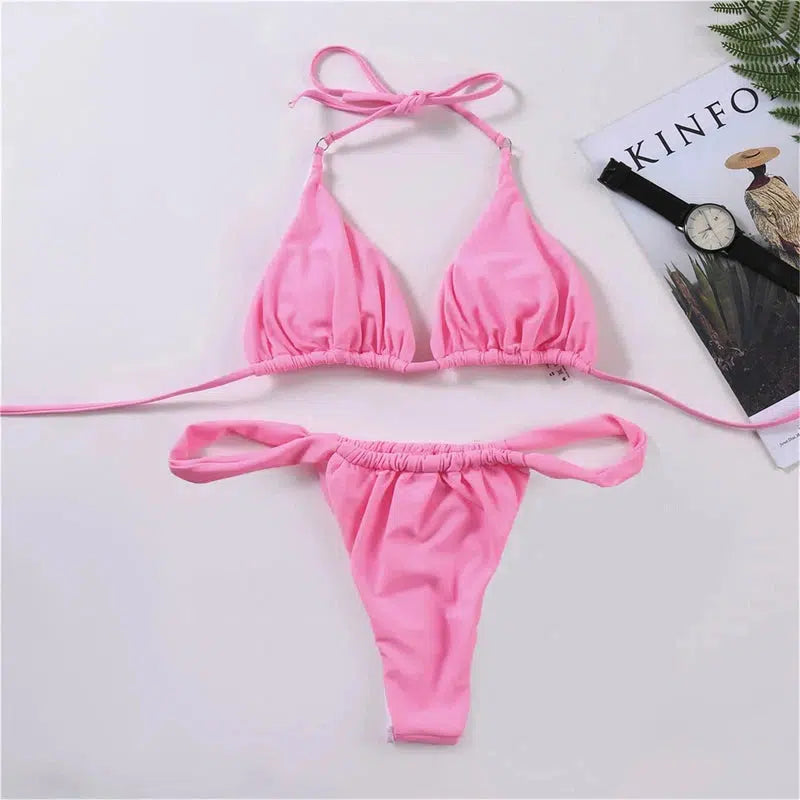 Cheky - Pink Swimsuit Bikini Women Solid Color Sexy High Leg Thong Swimwear Bikinis 2022 New Female 2 Piece Bathing Suit Beachwear