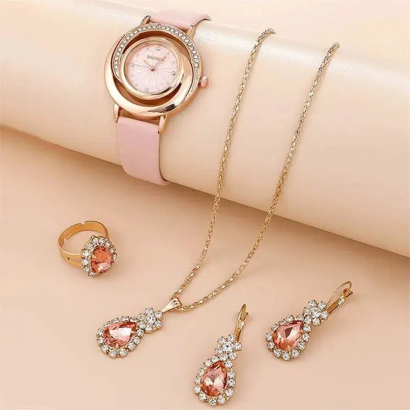 Cheky - 5PCS Set Luxury Watch Women Ring Necklace Earring Rhinestone Fashion Wristwatch Casual Ladies Watches Set Clock