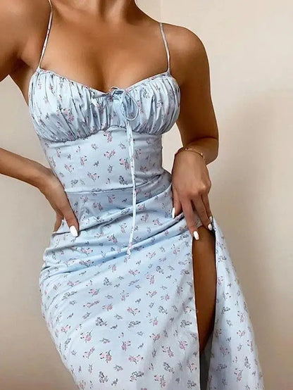 Cheky - Hugcitar Sleeveless Satin Slip Floral Ruched Bandage Cut Out Maxi Dress Summer Women Fashion Sexy Party Club Robe Kpytomoa