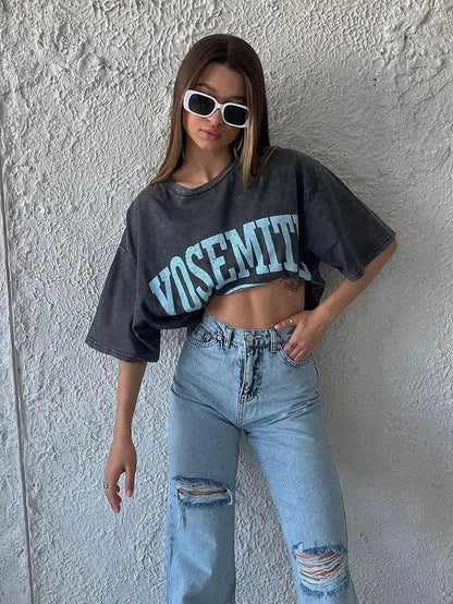 Cheky - Hirsionsan Acid Washed T Shirt Women Vintage Cotton T-shirts Streetwear Soft Mineral Tees Girl Loose Luxury Brand Tops Y2k