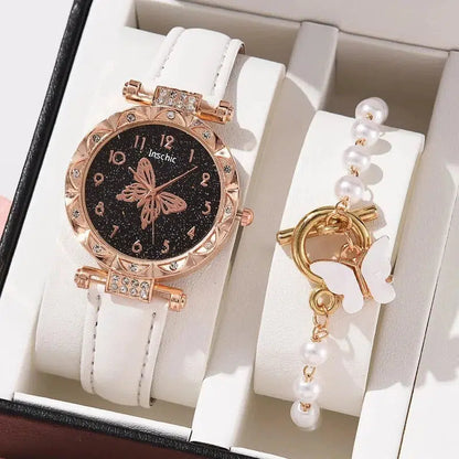 Cheky - Female New Luxury Ladies Watch Bracelet Set Quartz Wristwatch 2 PCS Set Women Watch Clock Gift Leather Strap Reloj Mujer